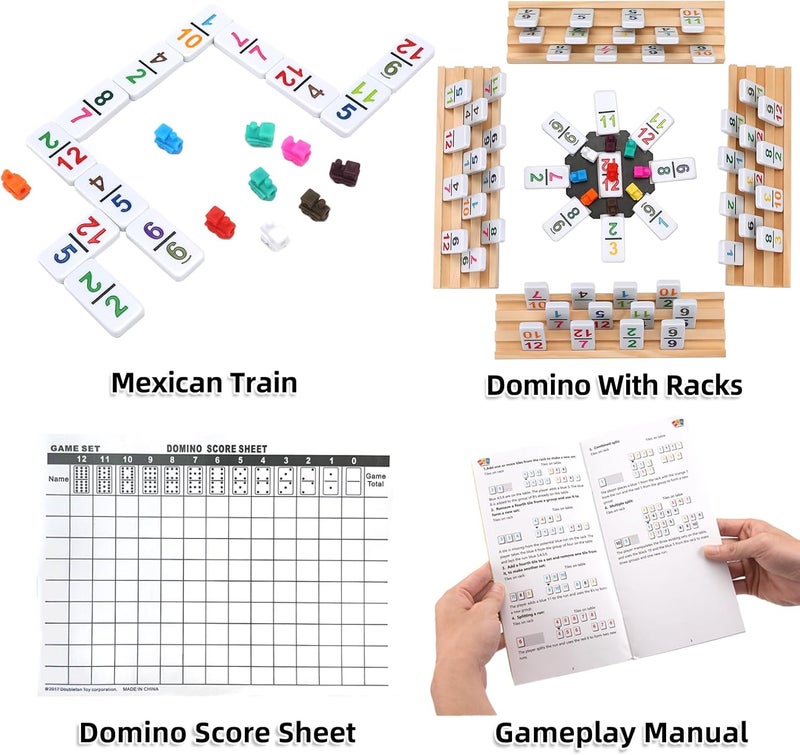 Doreimi Store Mexican Train Dominoes Set Numbers and 8 Wooden Holders, Double 12 Travel Domino Train Game with 91 Colored Tiles and Protable Case, Number Domino Set for Kids, Adults Family Board Team Games - Image 5